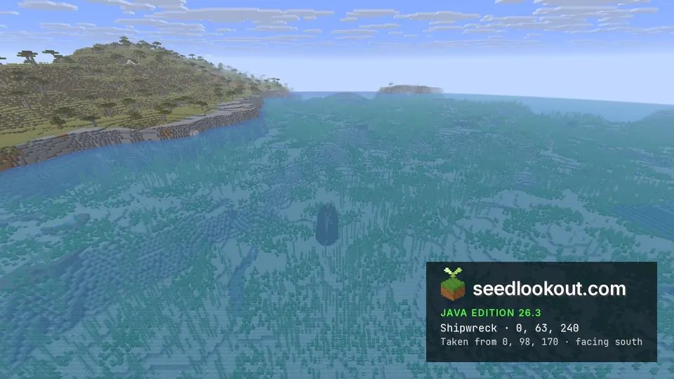 Clear sea with a dark ship-shaped shadow on the bottom and a savanna headland on the left