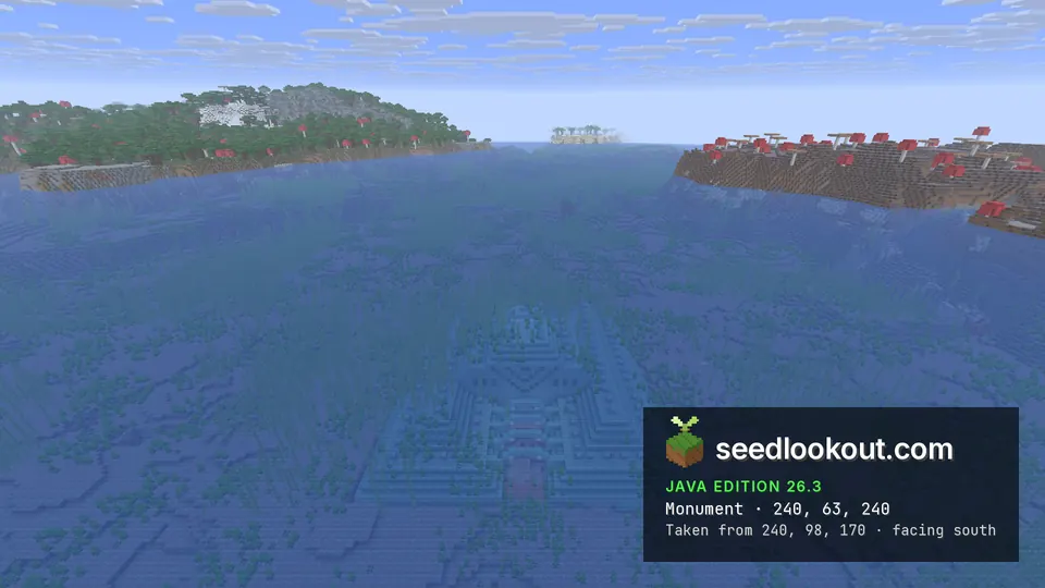 Prismarine ocean monument visible under blue water, a long mushroom island on the horizon