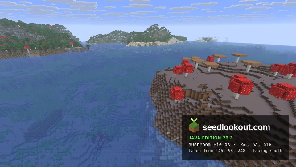 Grey mycelium island with giant red and brown mushrooms in blue ocean, a green forested coast behind