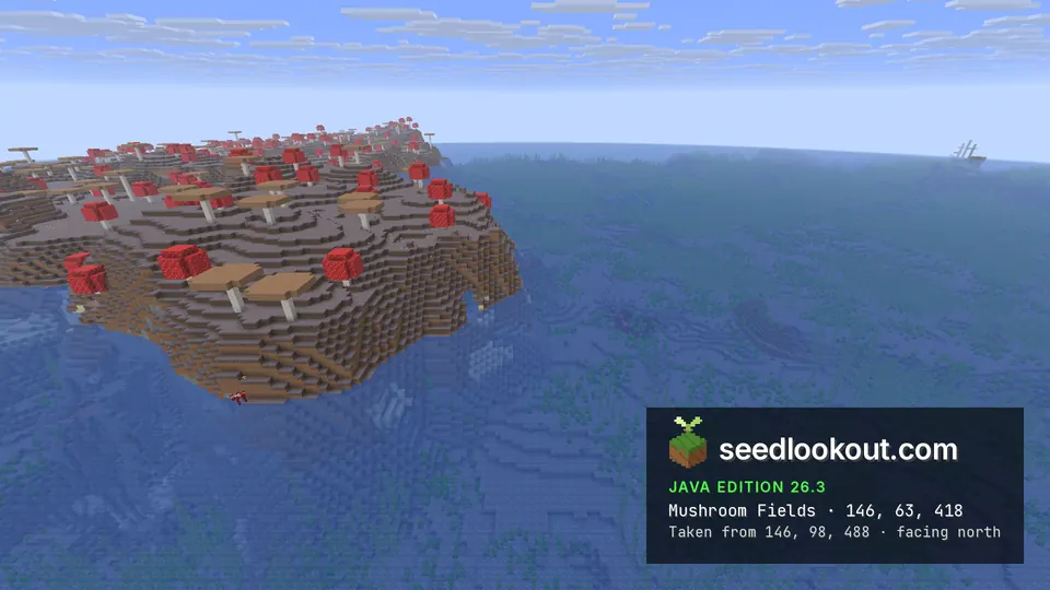 Low grey island covered in giant red and brown mushrooms, surrounded by open ocean