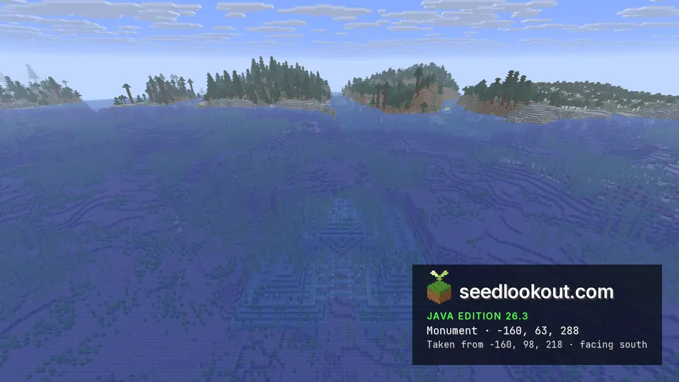 Outline of an ocean monument under deep blue water, forested islands on the horizon