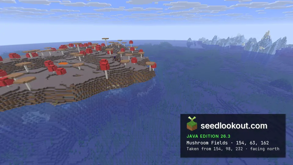 Mushroom island of grey mycelium with giant red and brown mushrooms in blue ocean, pale icy peaks behind