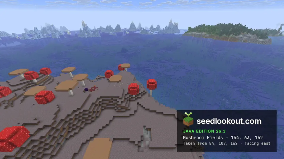 Giant mushrooms on the edge of the island, open sea and pale jagged peaks on the far horizon