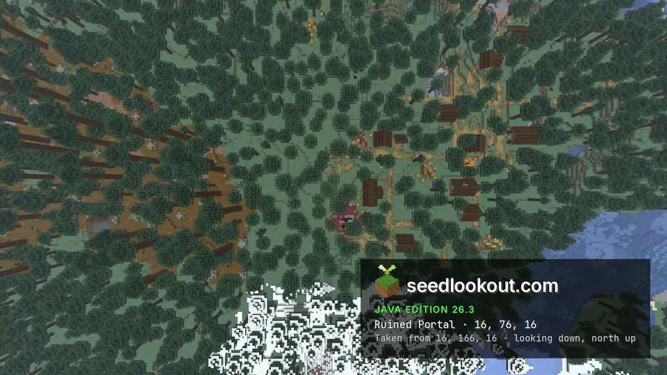 Top-down view of spruce canopy with a red patch of netherrack and village paths among the trees