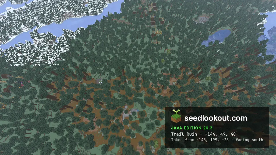 Dense old growth spruce forest with patches of brown ground, snowy forest and a river at the top left