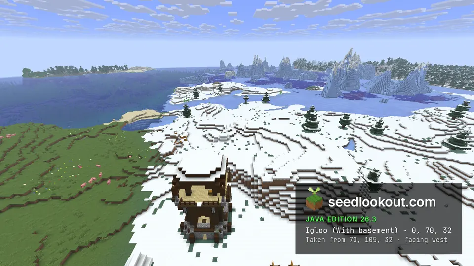 Snowy hillside with a low snow dome in the middle, a watchtower roof in front and icebergs in the distance