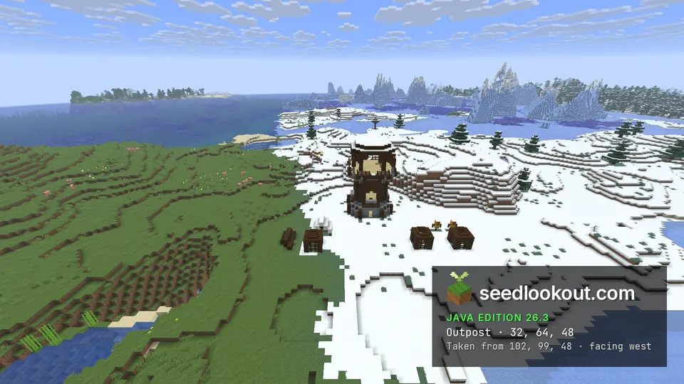 Dark wooden watchtower on a snowy hill beside green grassland, with frozen water and icebergs behind