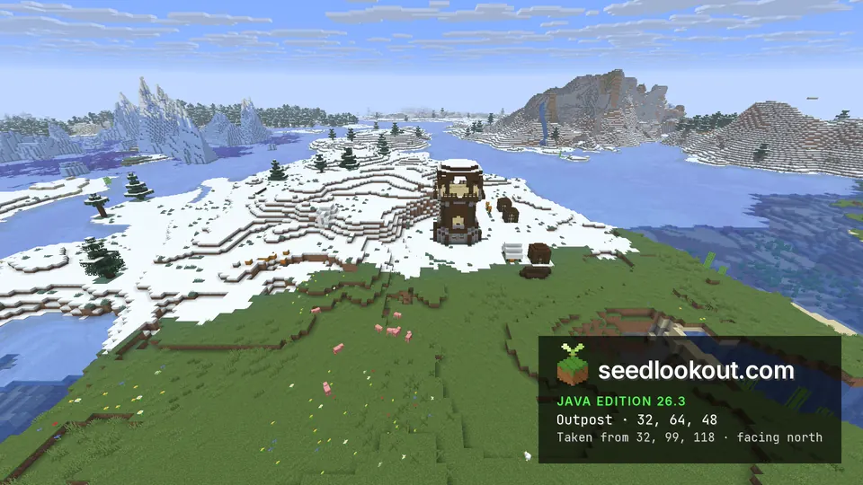 Wooden watchtower on a snowy rise, with icebergs, a river and a rocky mountain beyond