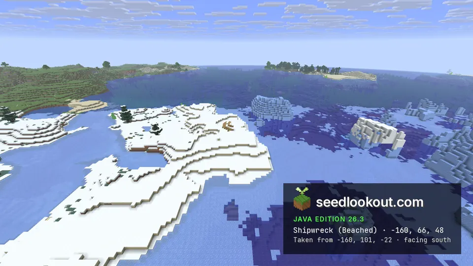 Broken wooden hull on a small snowy islet in frozen water, with an iceberg to the right