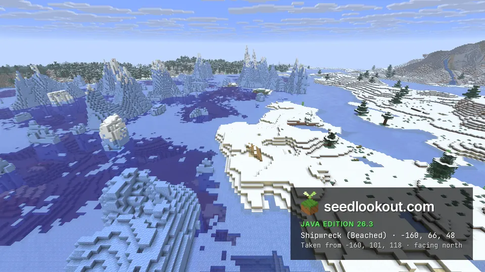 Icebergs and floating ice around snowy islets in a frozen bay, with a wooden hull on the islet at the centre