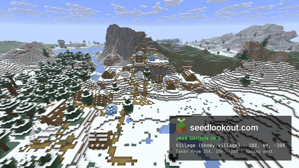 Snowy village houses and paths on white hills, with a steep grey rock mountain behind