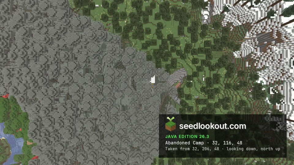 Top-down view of grey pale oak canopy meeting green forest, a white tent roof and a stone slope at the edge
