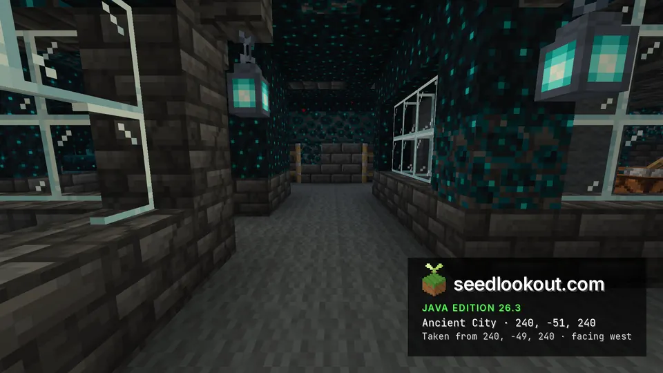 Deepslate brick corridor with glass panes, soul lanterns and a sculk-covered ceiling underground