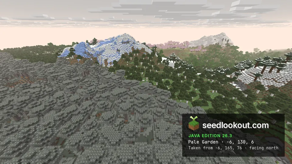 Grey pale oak canopy in front of a snow and blue ice peak, spruce forest and pink cherry trees