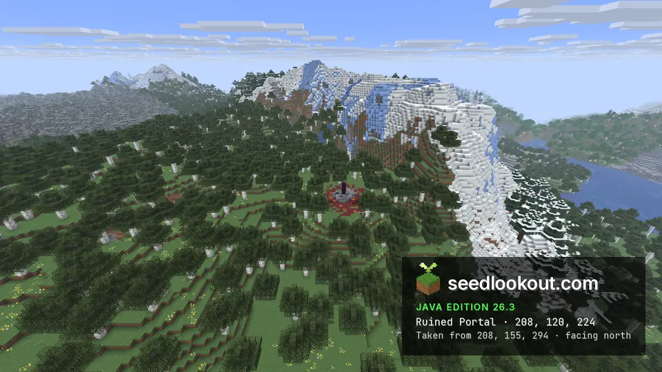 Ruined portal on netherrack in a green forest clearing below a snow and ice mountain, a lake on the right