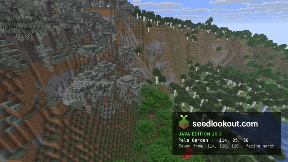 Steep dirt and stone slopes with grey pale oak trees, birch forest and a blue lake below