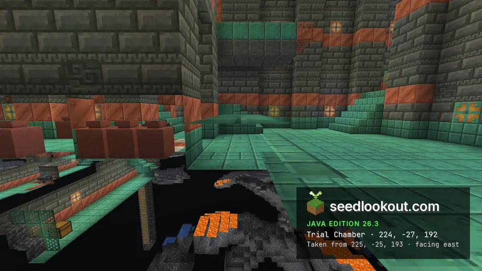 Cutaway underground view of a trial chamber room with tuff brick walls, copper blocks and a green floor