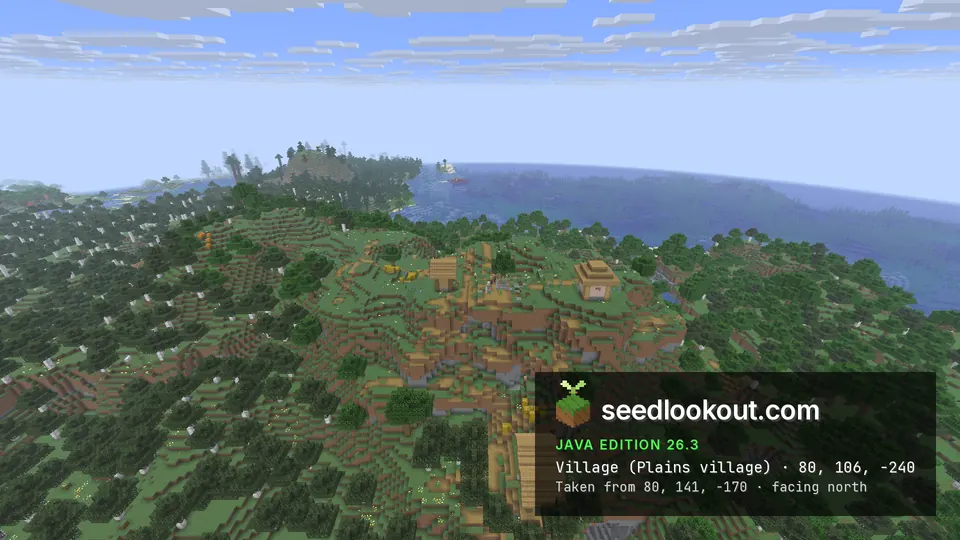 Village houses and paths on a forested hill, with the sea on the horizon