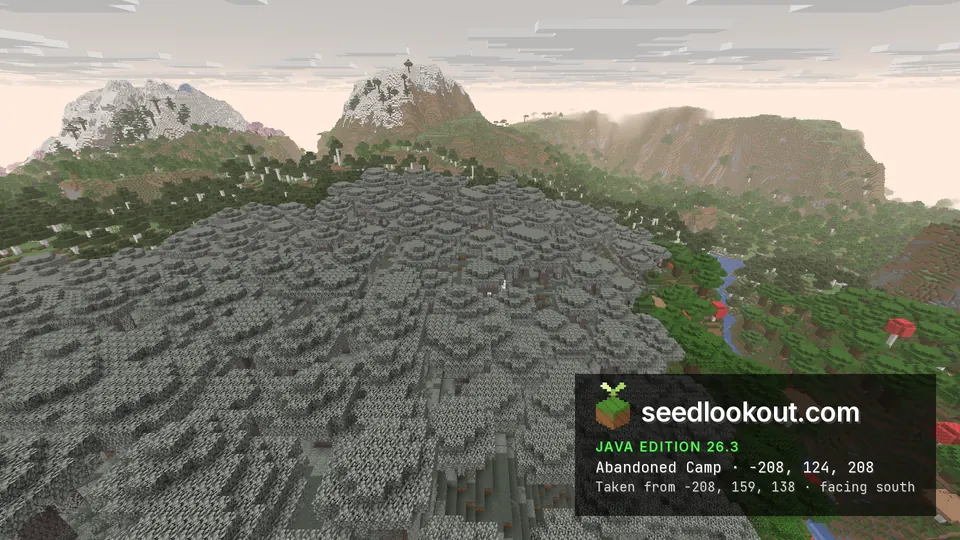 Grey pale oak forest on a hill, green forest and a river on the right, two snowy peaks on the horizon