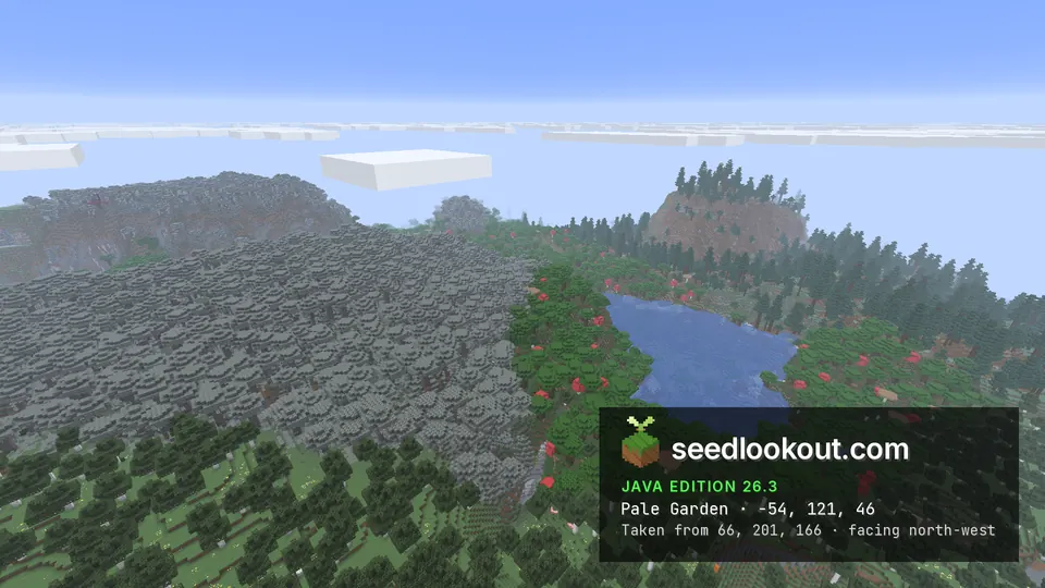 Grey pale garden forest beside a blue lake ringed with dark forest and red mushrooms, a rocky hill behind
