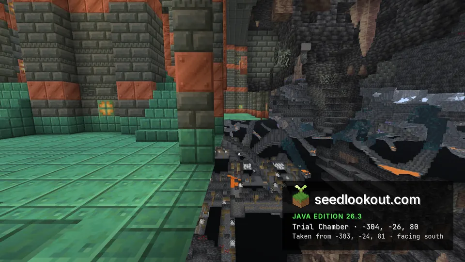 Tuff brick and copper walls with a teal copper floor, a dark cave opening on the right