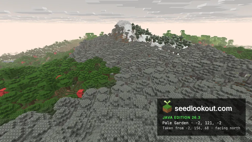 Grey pale garden canopy over a ridge, a patch of green forest with red mushrooms and a snowy peak behind