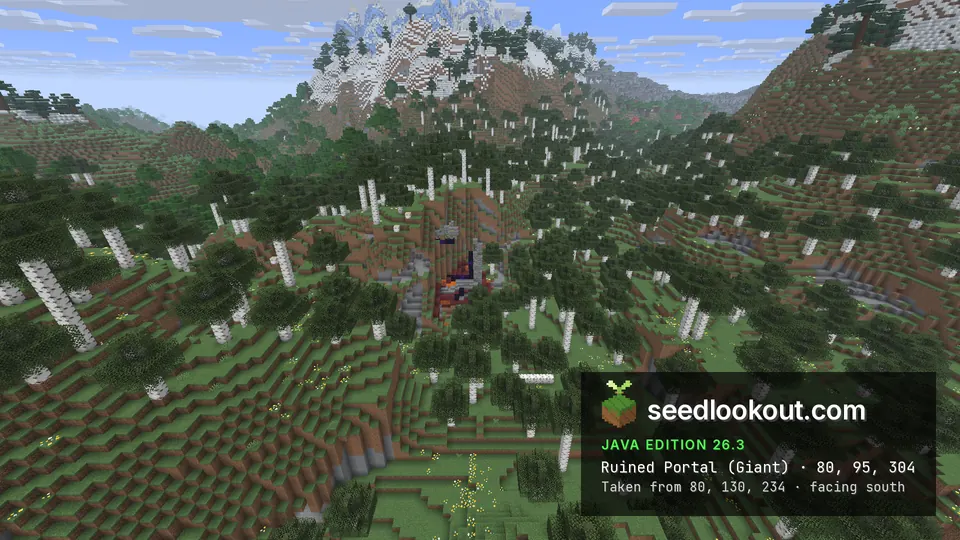 Obsidian and netherrack in a hollow among tall birch trees, a snowy mountain behind