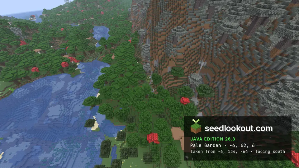 Lake and river among dark oak trees and huge red mushrooms, steep brown slopes and grey pale trees on the right