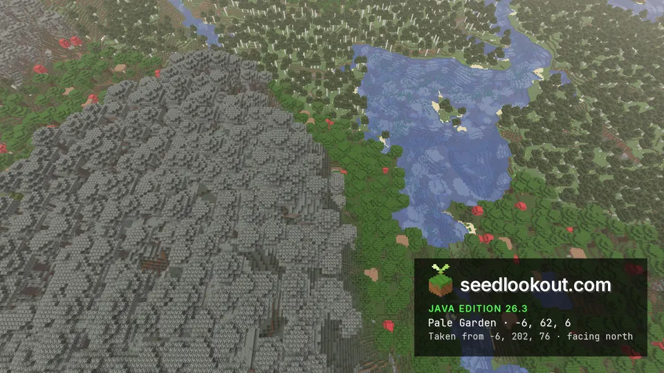 Large dome of grey pale oak canopy beside a blue lake, green dark forest and red mushrooms around