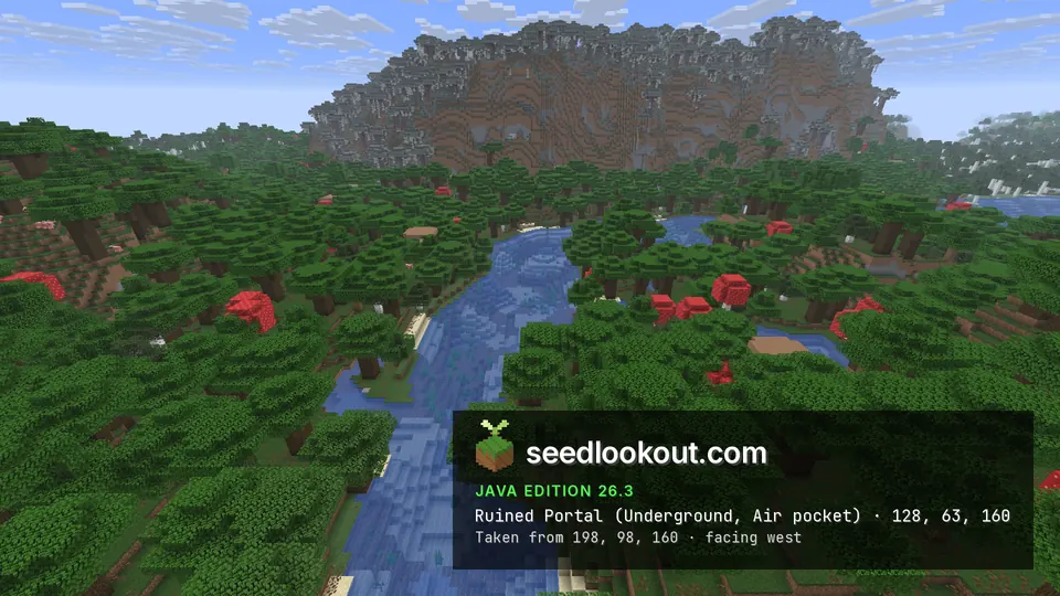 Blue river winding through dark oak forest with huge red mushrooms, a steep grey mountain behind