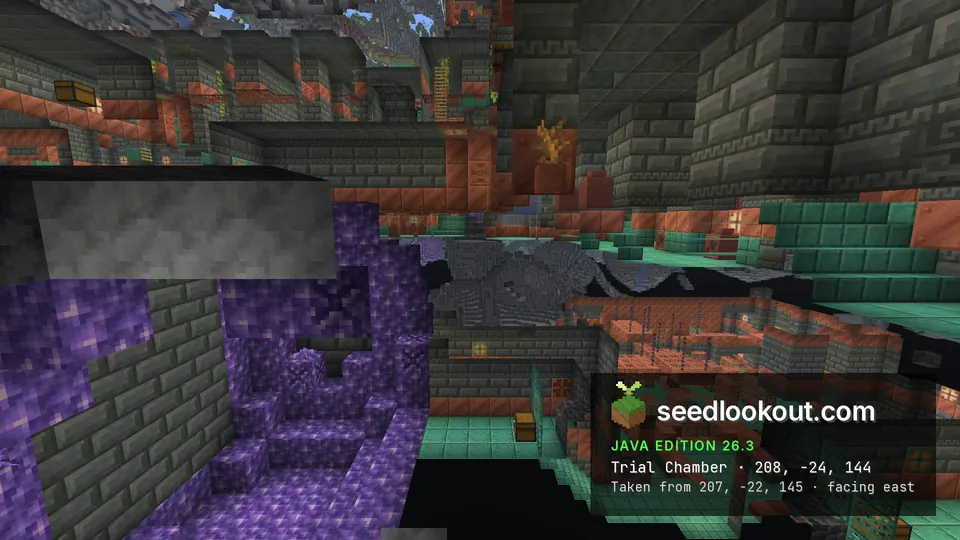 Cutaway of a trial chamber with tuff brick walls and a purple amethyst geode in the rock beside it