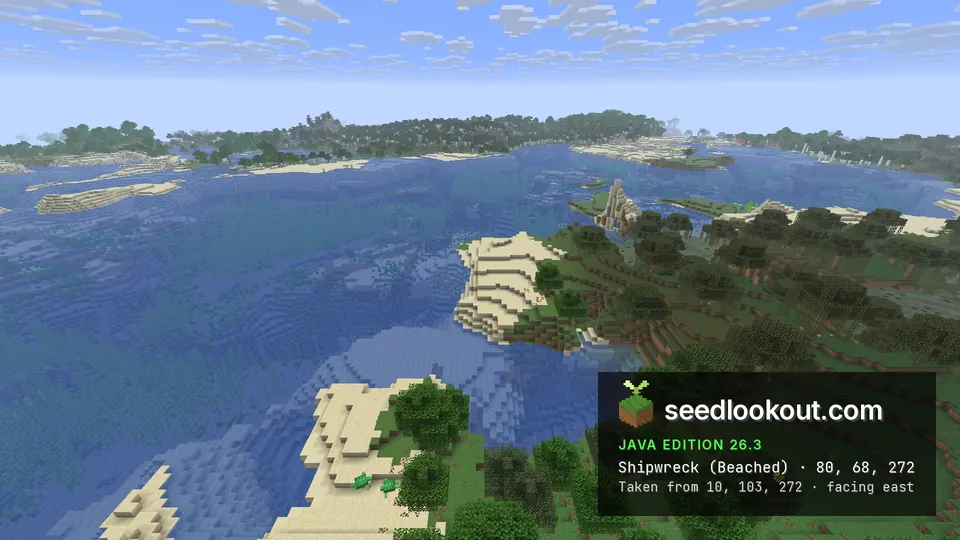 Sandy point below a wooded hillside on a bay, with a small stone spire in the water beyond