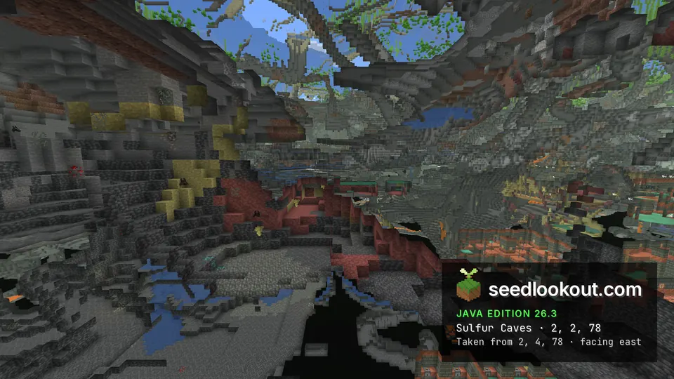 Cave with yellow and rust-red rock among grey stone walls, in an underground cutaway