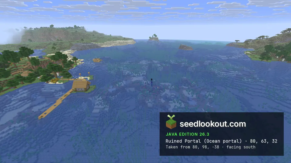 Shallow sea with seagrass and one dark block at the surface, a pier house and wooded shore to the left