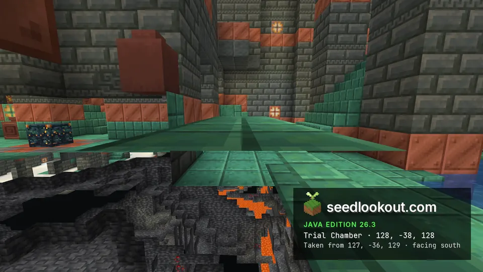 Trial chamber hall of tuff brick and copper with a green copper walkway above a dark cave