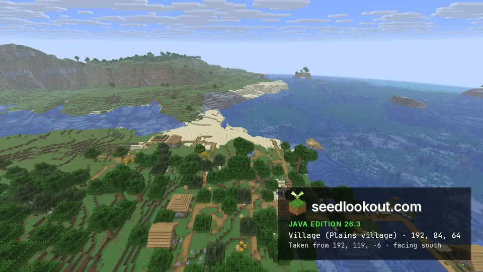 Village houses among oak trees on a green point, a sandy spit and open sea beyond