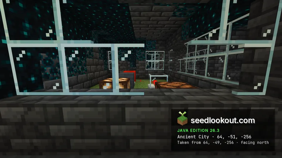 Deepslate brick room seen through glass panes, with dark sculk blocks on the back wall