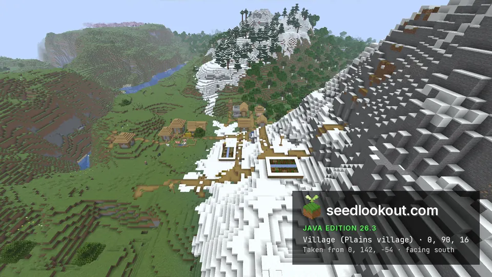 Village buildings and paths on snow and grass, grey stone slopes to the right and a green valley behind