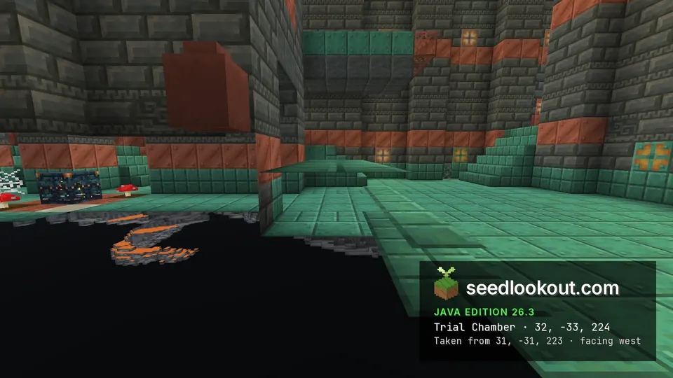 Trial chamber room of tuff brick and copper with a green copper floor