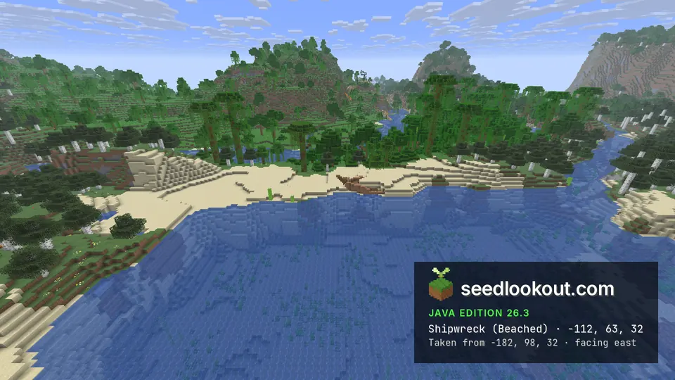 Wooden shipwreck on a sandy beach at the edge of a blue bay, jungle trees and forested hills behind