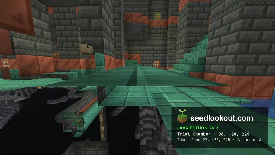 Tuff brick and copper walls around teal copper walkways, a dark cave below