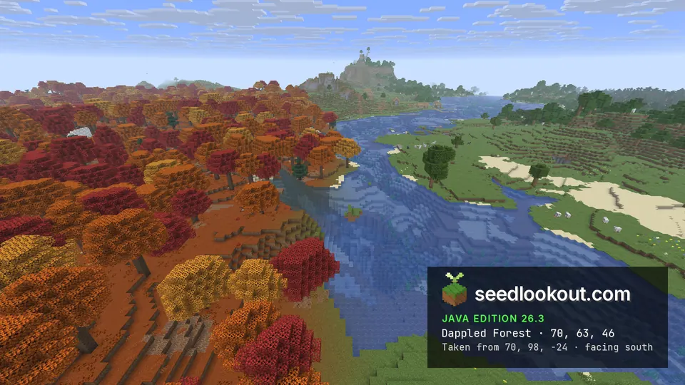 Red and orange trees along the east bank of a wide river, green grass and sand bars on the far side