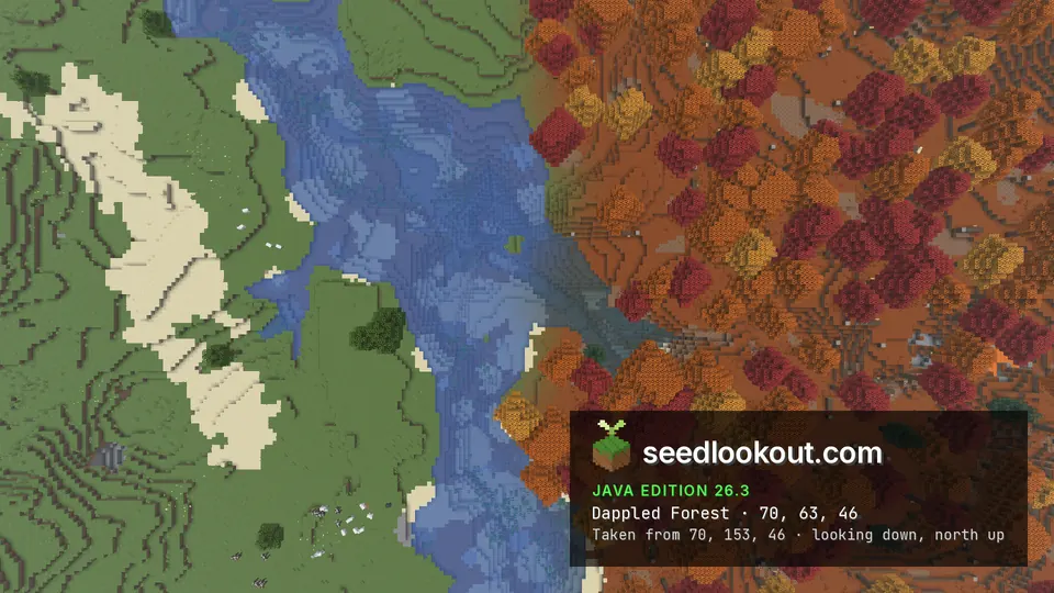 Top-down view of a river with sand bars and grass on the left and red and orange forest on the right