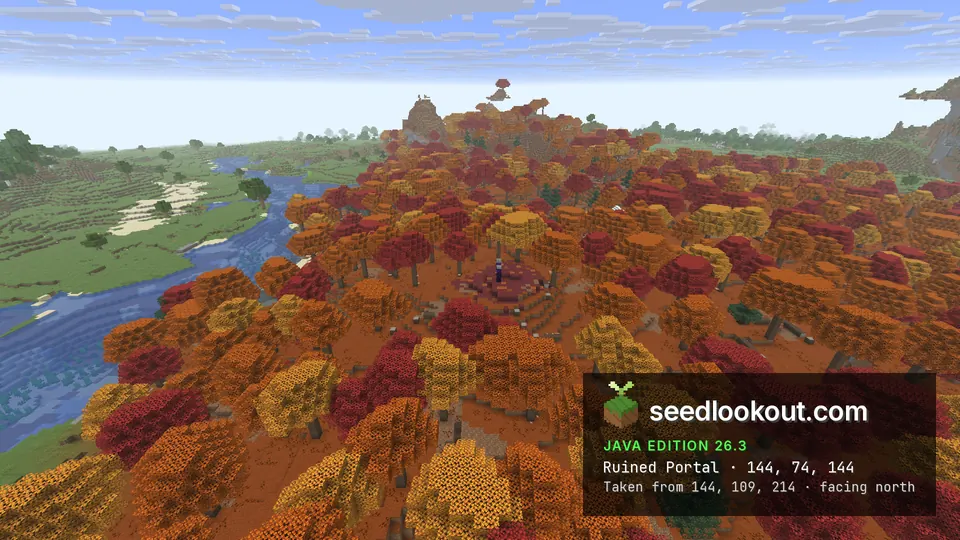 Round netherrack clearing with an obsidian pillar among red, orange and yellow trees, a rocky hill behind