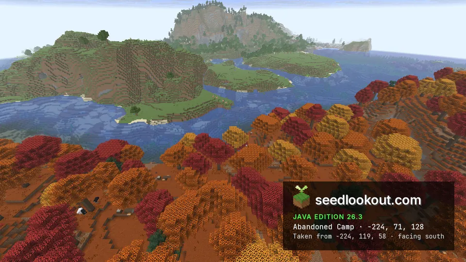 Red and orange forest by a wide river, green hills and a tall rocky hill beyond