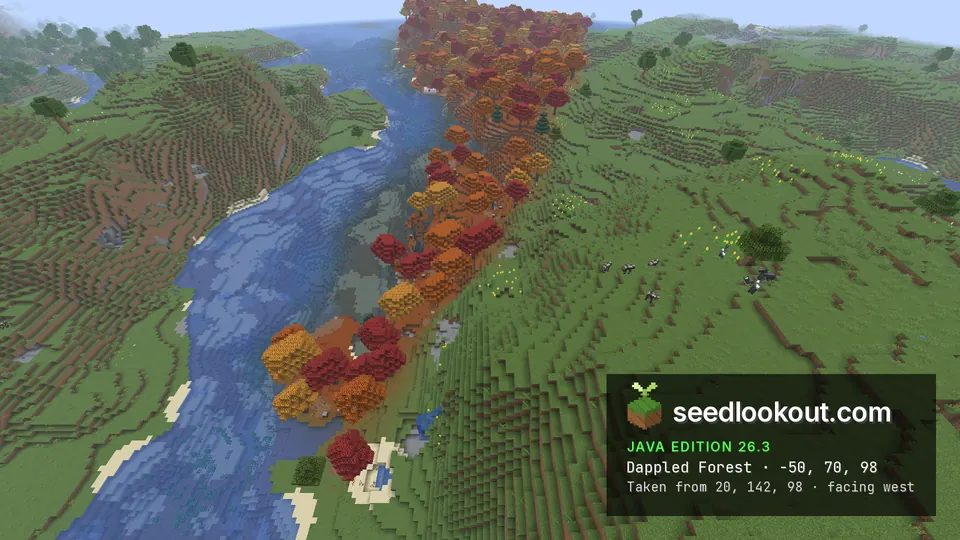 Strip of red and orange trees along a blue river between green grass hills