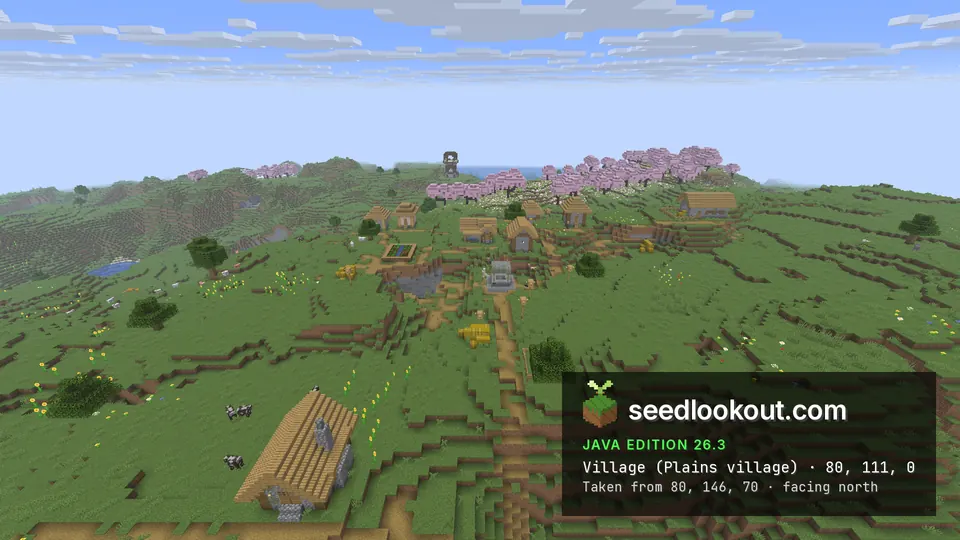 Plains village houses and farms on a grassy hilltop, a row of pink cherry trees behind