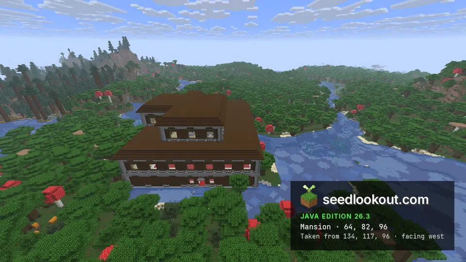 Large dark wooden mansion on a riverbank in dark green forest, giant red mushrooms around it and hills behind