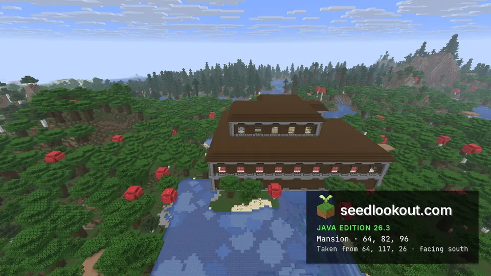 Front of a dark wooden mansion across a river pool, with red mushroom caps in the forest