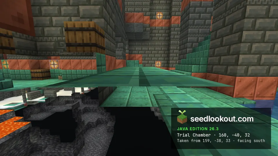 Trial chamber corridor with tuff brick walls, copper blocks, barrels and a green oxidized copper floor